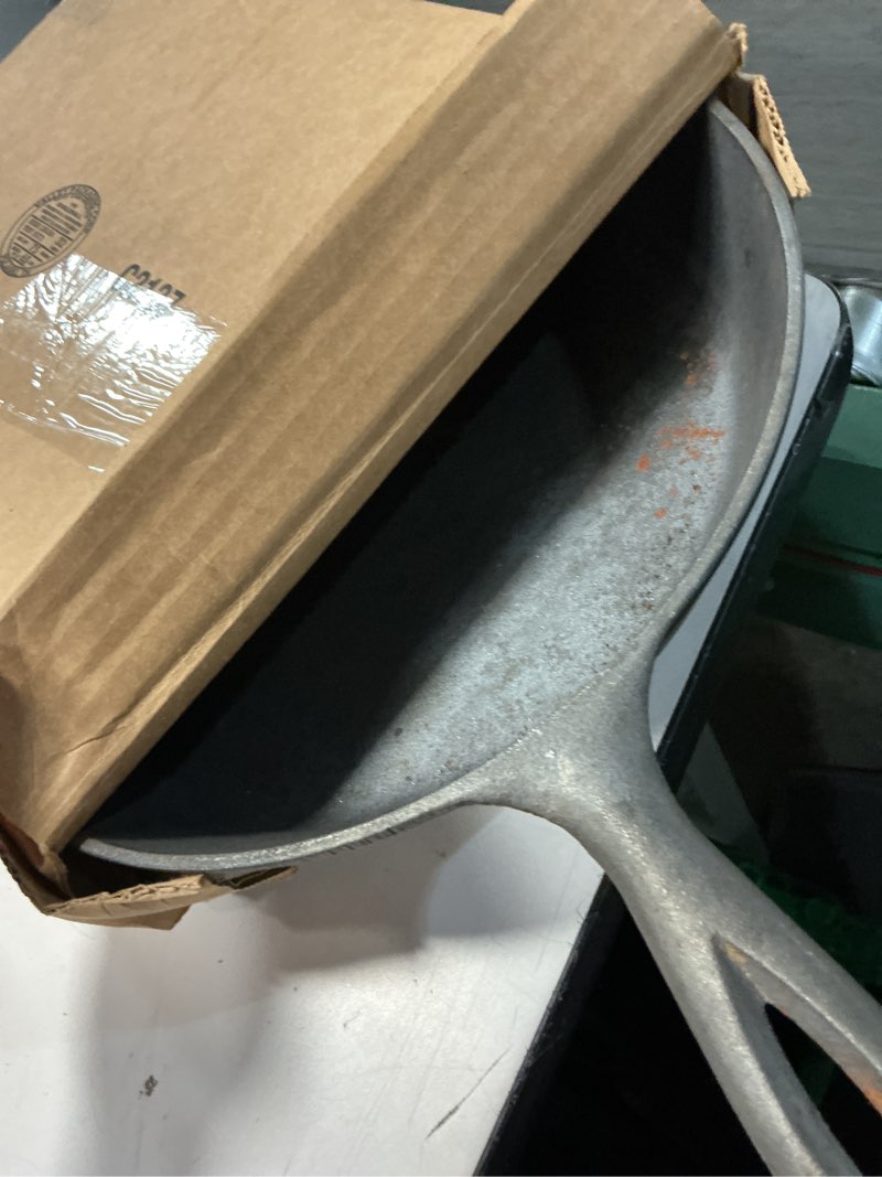 Condition photo showing As Is for lodge seasoned cast iron skillet - pfas-free, non-toxic cookware - use with an oven, stove, grill, or campfire - naturally non-stick & oven safe - 12 inches 12 inch (1 count)