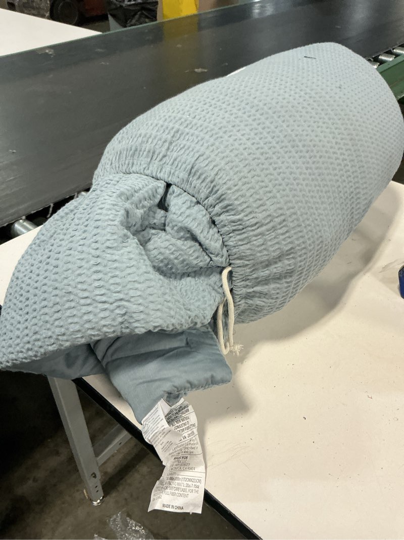 Condition photo showing As Is for levtex home cloud waffle twin/twin xl comforter set (68x88in) with 1 pillow sham (26x20in) - solid waffle cotton texture - chambray - 100% cotton twin size comforter set - soft, pre-washed twin/twin xl comforter chambray