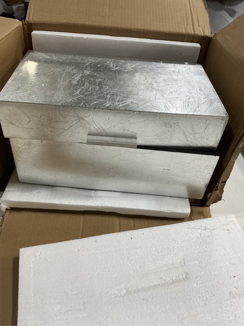 Condition photo showing As Is for CosmoLiving by Cosmopolitan Wooden Box with Textured Foiled Exterior, Set of 2 13", 11"W, Silver