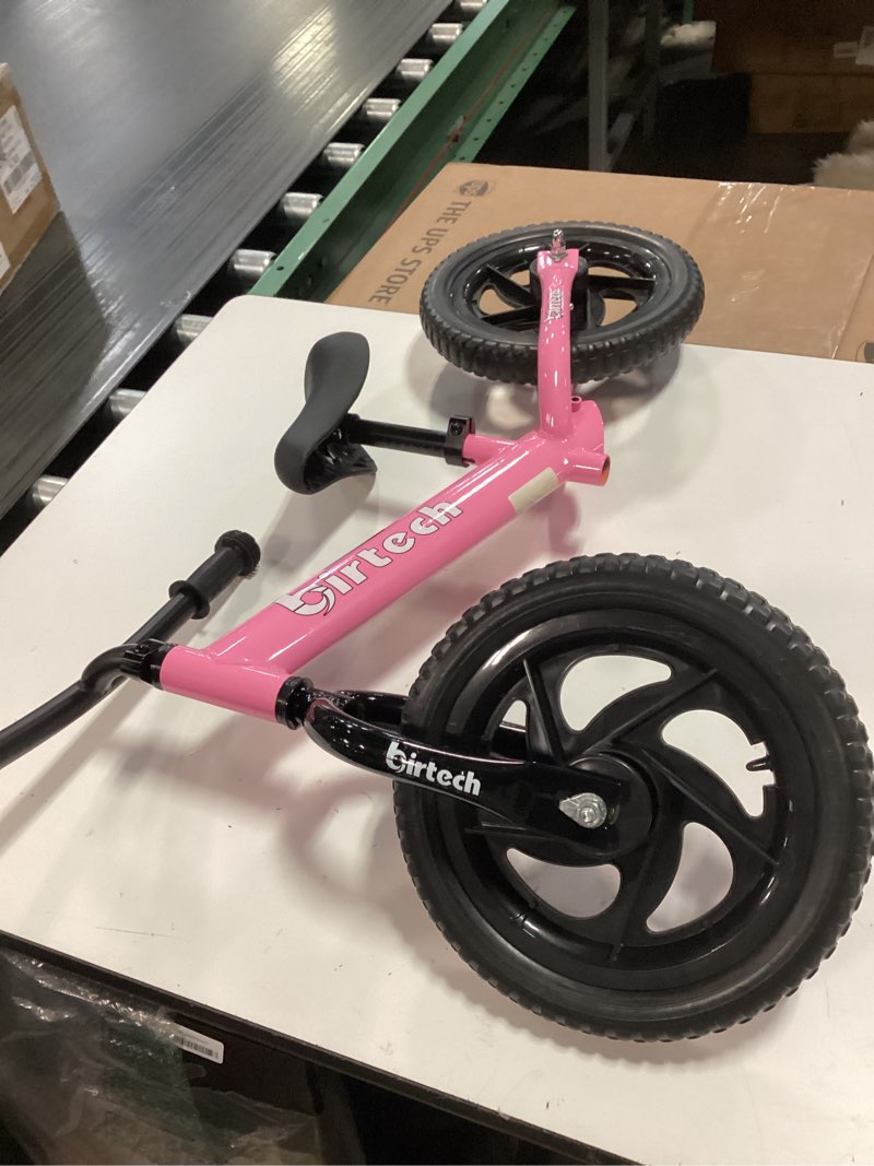 Condition photo showing As Is for Birtech 12 Inch Toddler Balance Bike for Kids 2-6 Years Old, Adjustable Seat Height, Indoor Outdoor Toy Bicycle With No Pedals, Pink