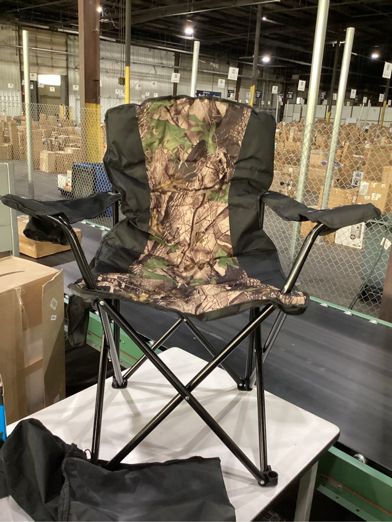 Condition photo showing New/Like New for oversized camping chair folding heavy duty quad outdoor large lawn chairs portable support 400 lbs padded thicken oxford with armrests, storage bag, cup holder, carry bag for outside(camo) x-large camo