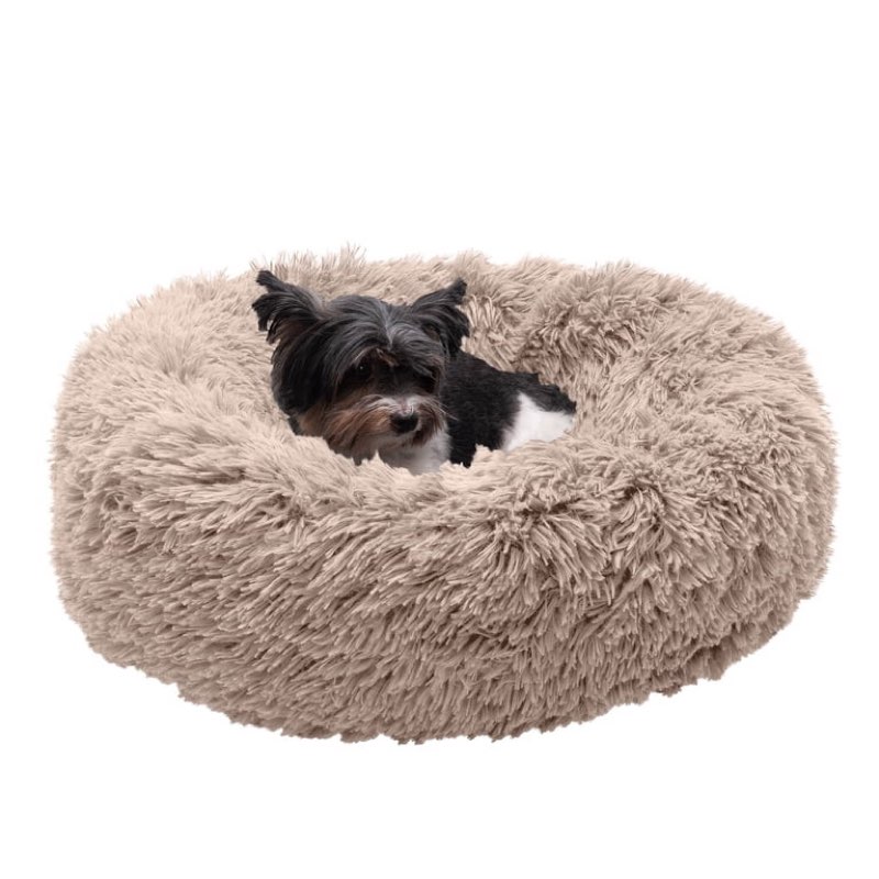 furhaven 23" round calming donut dog bed with washable & removable cover & bolster - shaggy plush long faux fur ball bed - taupe, for dogs up to 20 lbs, small