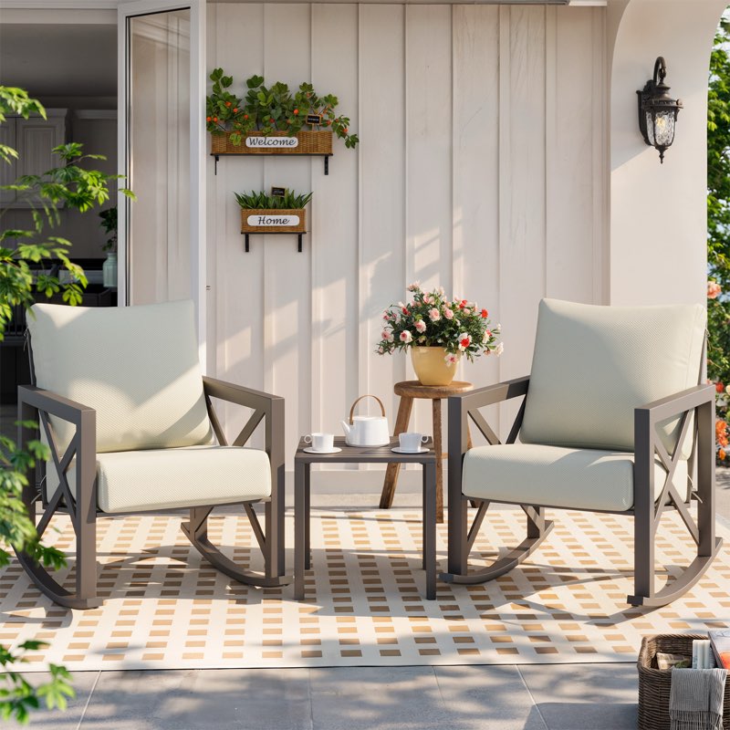 2-person outdoor rocking chair set with table and cushions