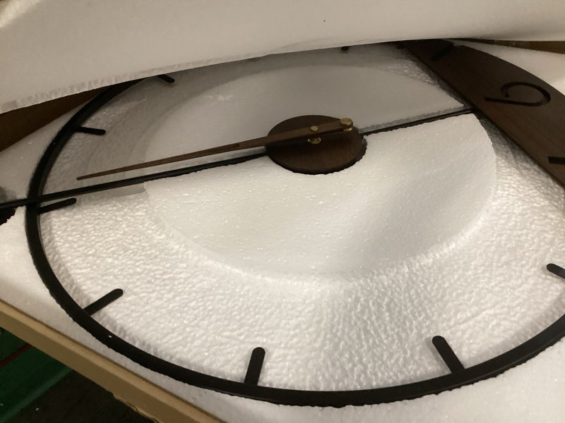 Condition photo showing Good Condition for cuspin modern 24 inch wall clock, minimalist wood and metal wall decor clock with walnut dial, silent non ticking battery operated clock for living room, kitchen, office, bedroom modern wood accent 24 inch