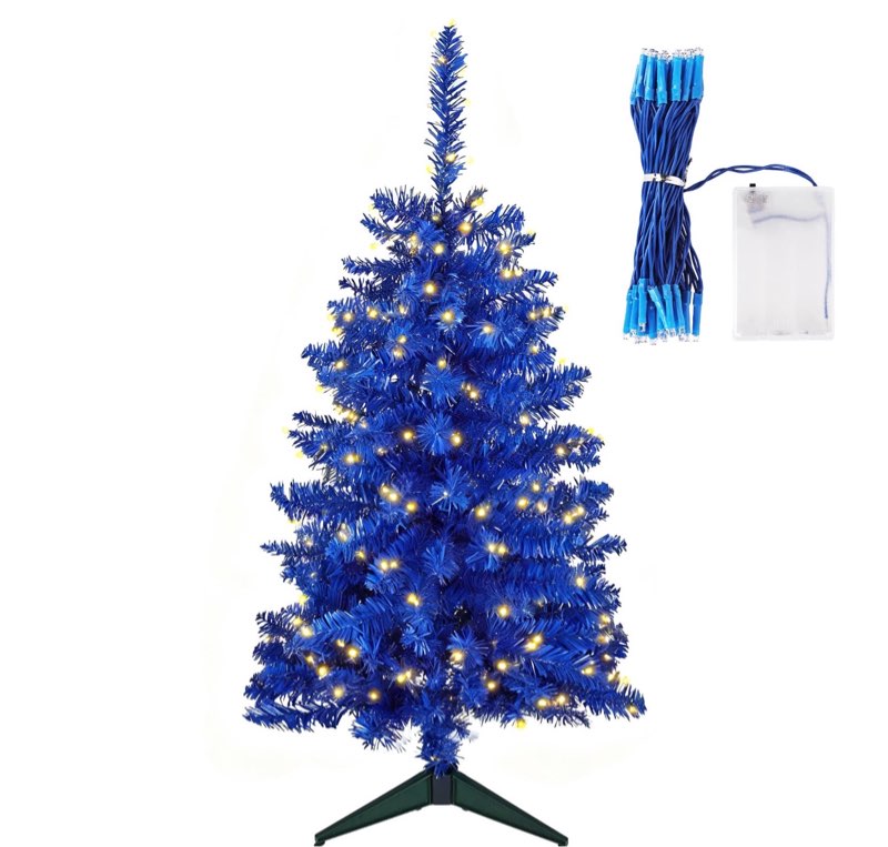 Mini 3FT Blue Artificial Christmas Tree for Tabletop, 50 LED Lights, 164 Branch Tips, Foldable Metal Base & Easy Assembly, Holiday Decor for Home, Office, Apartment