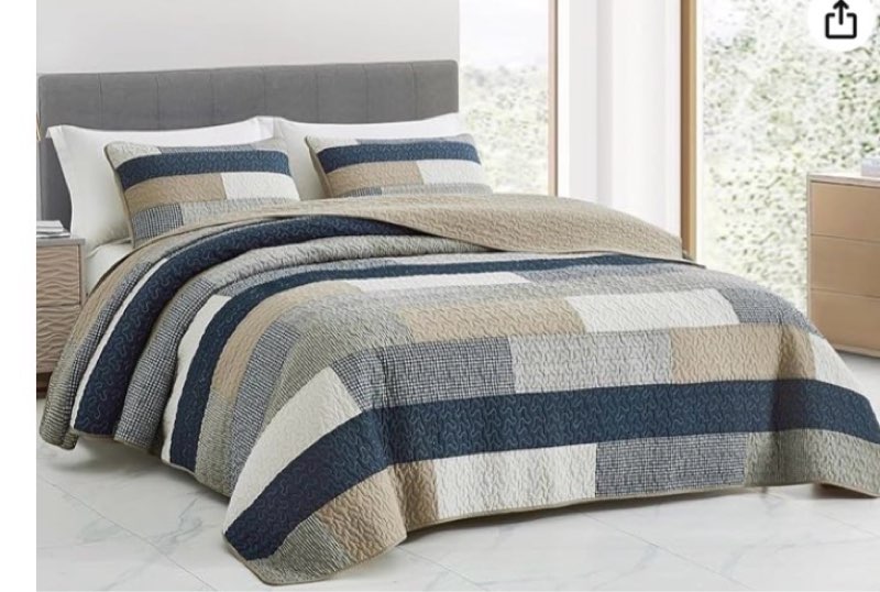 chezmoi collection dylan 3-piece navy blue white gray taupe plaid rectangular patchwork quilt set - pre-washed cotton quilted coverlet - lightweight bedspread for all seasons, king size