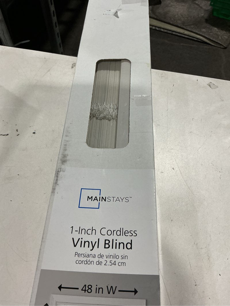 Condition photo showing As Is for mainstays cordless 1" vinyl light filtering blinds, white, 48" width x 64" length