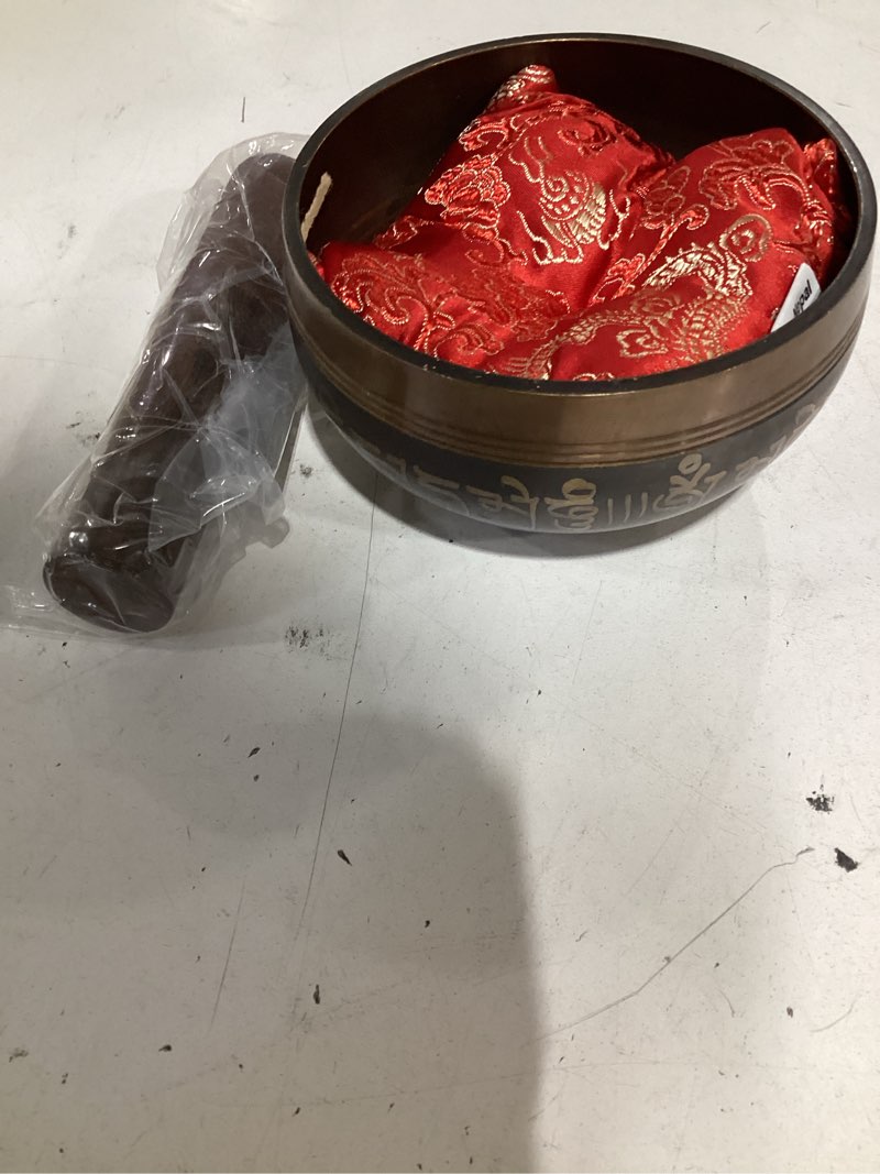 Condition photo showing Good Condition for premium tibetan singing bowl set – handmade in nepal sound & meditation bowl – spiritual decor for yoga, wellness spaces & relaxation by himalayan bazaar (brown & red)