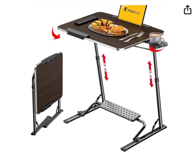 foldwise upgraded folding tv tray table - extra large & sturdy laptop table for couch, height & angle adjustable desk for dinner, work & tv - includes footrest, cup holder, ipad holder & edge stopper (black ) - bright wood