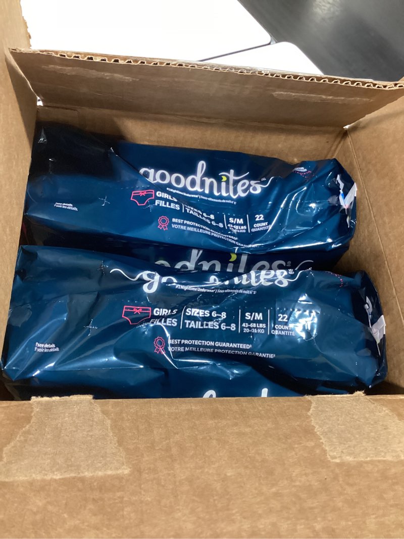 Condition photo showing New/Like New for goodnites girls' nighttime bedwetting underwear, size s/m (43-68 lbs), 44 ct (2 packs of 22), packaging may vary small/medium 44