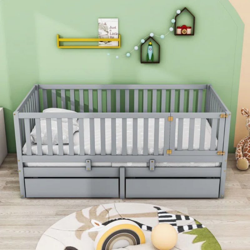 Storage Wooden Floor Bed with Guardrails and 2 Drawers