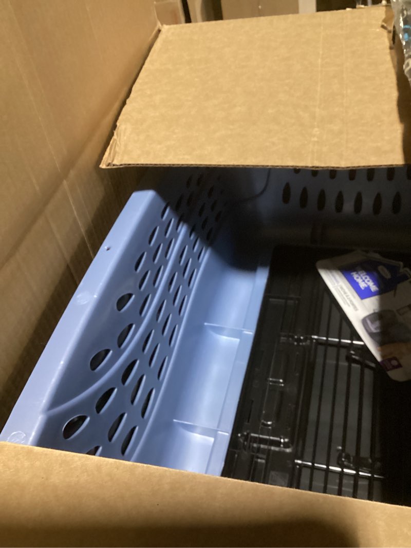 Condition photo showing As Is for (Missing door) Petmate Dog Crates for Small Dogs & Cat Carriers, Two-Door Plastic Pet Kennel, Top & Front Loading, Made in USA, 24", Blue Two-door 24.1"L x 16.8"W x 14.5"H BLUE