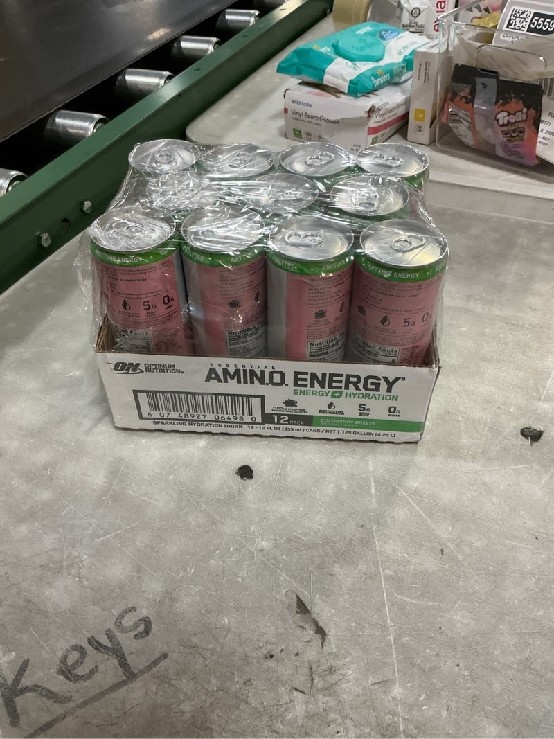 Condition photo showing New/Like New for Optimum Nutrition Amino Energy Sparkling Hydration Drink, Electrolytes, Caffeine, Amino Acids, BCAAs, Sugar Free, Cocoberry Breeze, 12 Fl Oz, 11 Pack (Packaging May Vary)