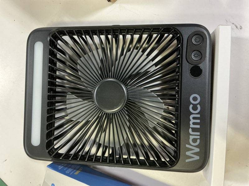 Condition photo showing Good Condition for Warmco 20000mAh Battery Powered Fan, Ultra-Slim 8-Inch Portable Camping Fan with Light, Up to 48H Runtime Rechargeable Desk Fan for Bedroom, Outdoor, Tent, Travel, Cruise Ship Essentials Black