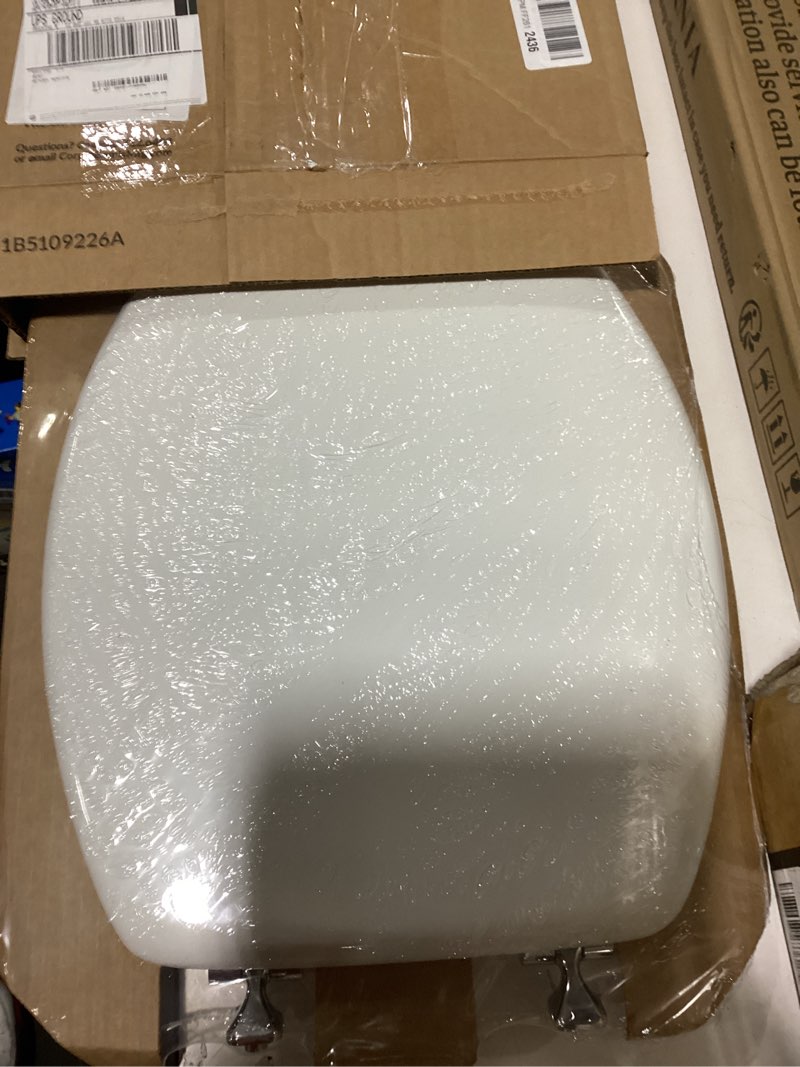 Condition photo showing Good Condition for mayfair edgewater - elongated enameled wood toilet seat in white with sta-tite  seat fastening system  and chrome hinge
