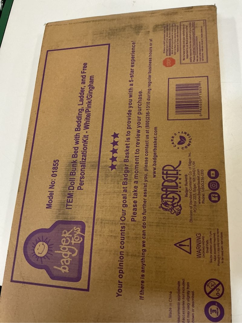 Condition photo showing New/Like New for Badger Basket Doll Bunk Bed with Bedding & Ladder - Two Level Wooden Bed for Dolls, Includes Bedding & Accessories- White/Pink Gingham