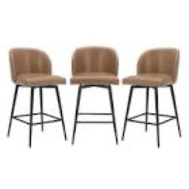 26" counter height swivel bar stools set of 3, upholstered faux leather barstools with backs and met