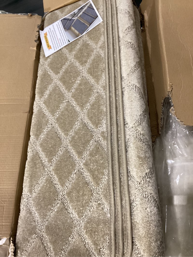 Condition photo showing As Is for bullnose stair treads non slip 9.5" x 32", 14 pcs carpet stair treads for wooden steps indoor with edge protection, reusable peel and stick tpu backing stair runner rugs - diamond pattern beige grey 9.5*32 inch beige grey (diamond pattern) 14