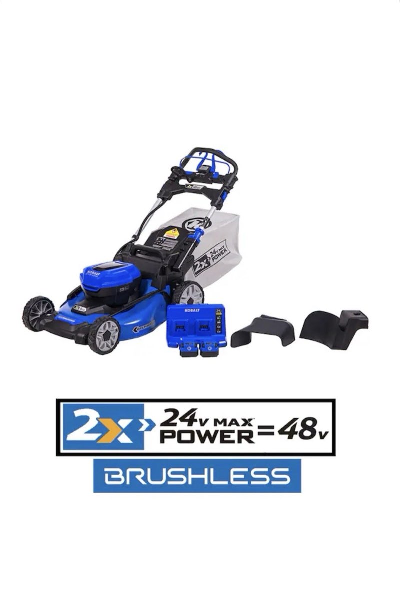 this is a kobalt 48v max (24vx2) 20-in or 21-in self-propelled brushless cordless lawn mower.