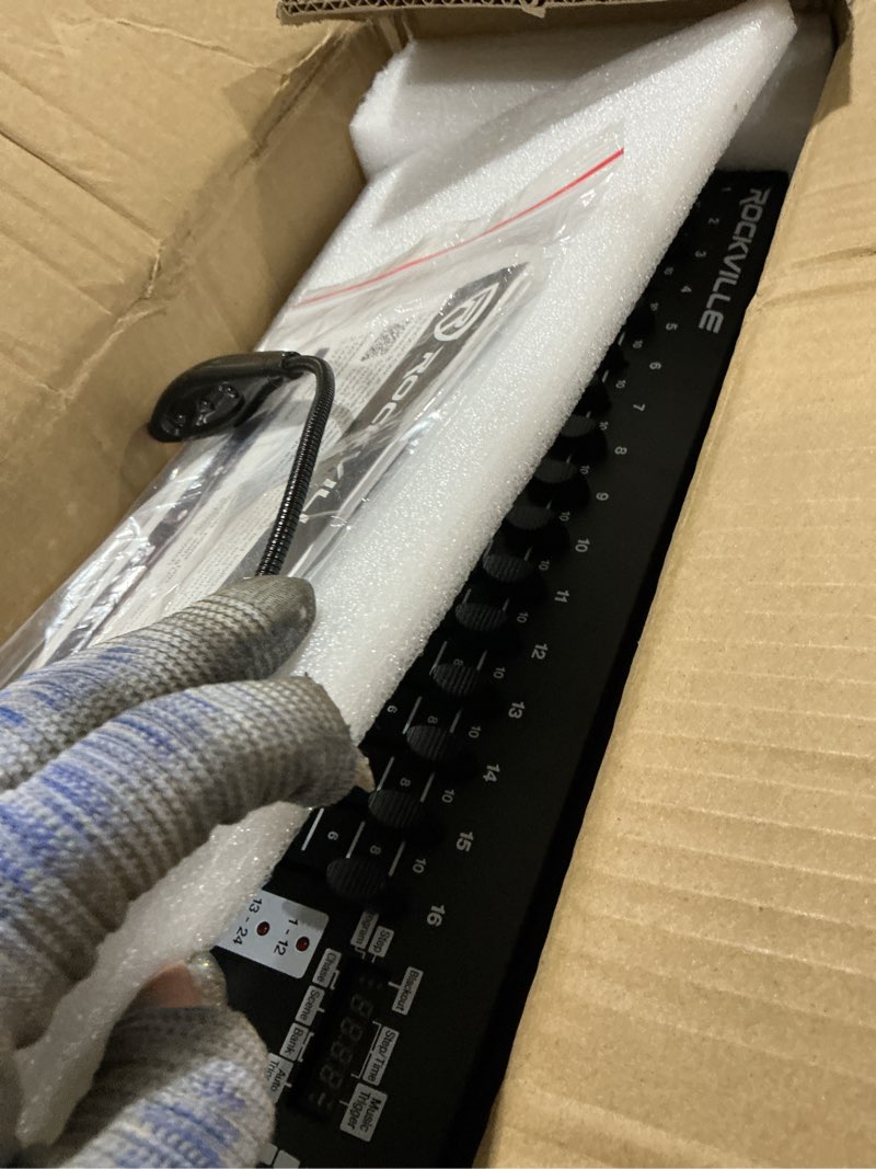 Condition photo showing As Is for rockville rockforce 384 channel dmx light/fog lighting controller, midi control, 30 scene banks, 6 chases, led display, for djs and stage lighting