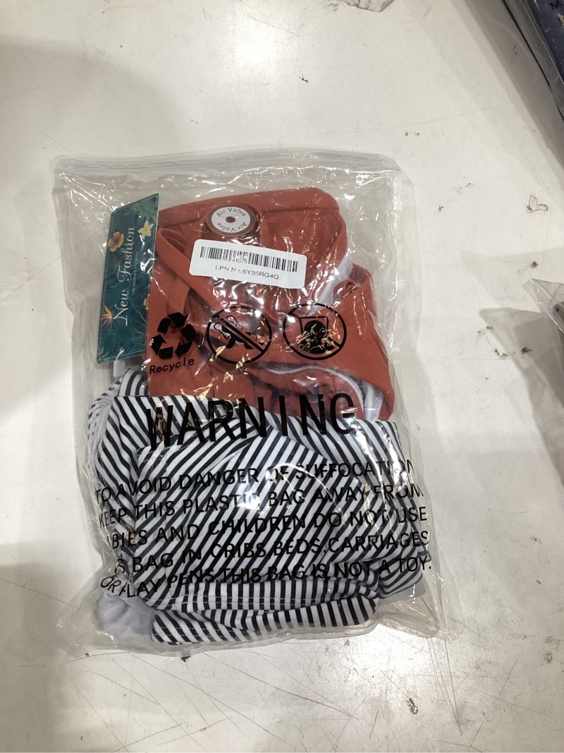 Condition photo showing Good Condition for women's high waisted bikini sets push up twist front spaghetti straps ruched two piece swimsuit bathing suit large rust stripe