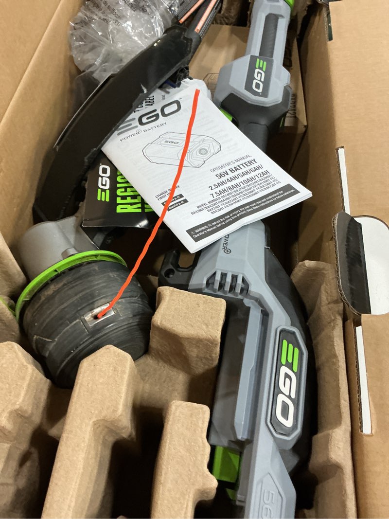 Condition photo showing As Is for ego power+ line iq with powerload st1623t 16 in. 56 v battery string trimmer kit (battery & charger) w/ telescopic shaft & 4.0 ah battery