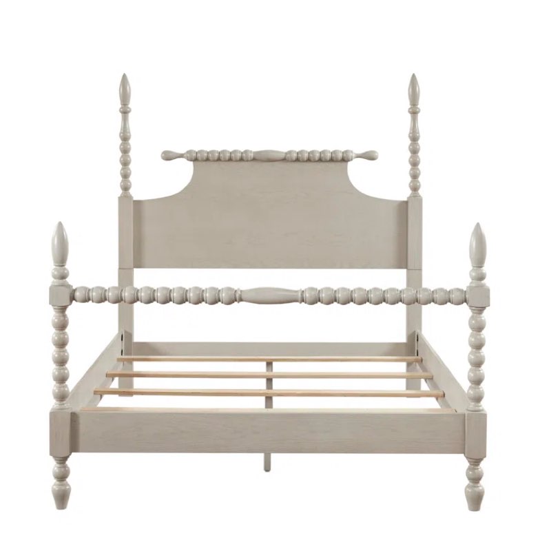 Antique Cream Beckett Solid Wood Low-Profile Bed Frame with Spindle Design