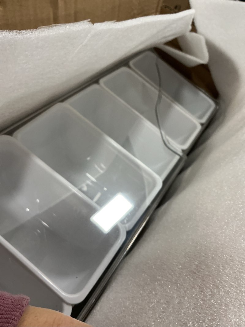 Condition photo showing Good Condition for Mifoci 1 Pack Stainless Steel Chilled Condiment Server Condiment Dispenser with Lid and Bottom Ice Bar Garnish Trays with 3 Serving Tongs 3 Fruit Fork 3 Spoons 4 Ice Boxes for Bar and Party (6 Slot)