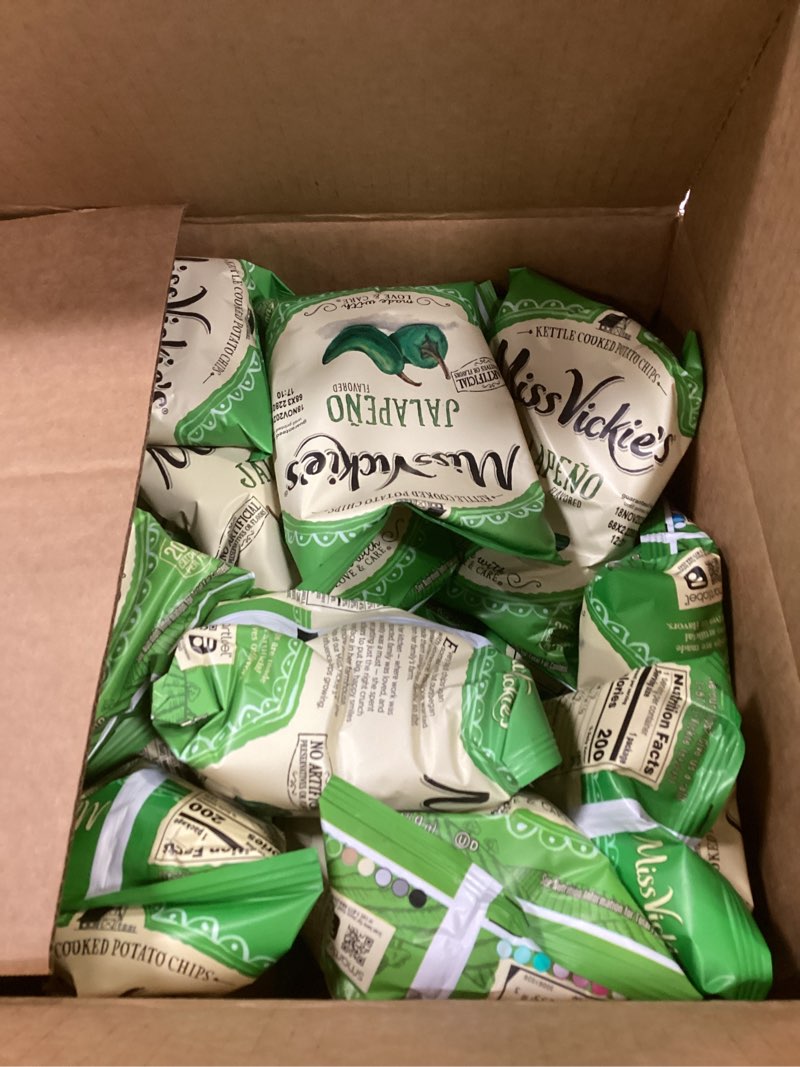 Condition photo showing New/Like New for Miss Vickie's Kettle Cooked Potato Chips, Jalapeno, 1.375 Ounce (Pack of 28) Jalapeno 38.5 Ounce (Pack of 1)(exp nov 18 2025)