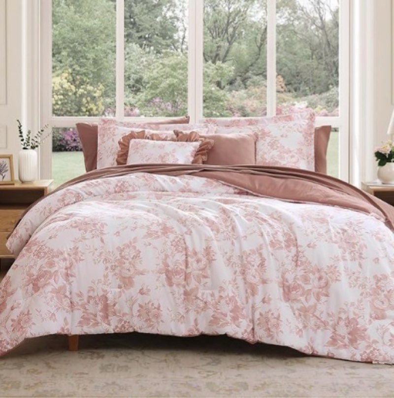 bloomhaven queen comforter set -7 pieces pink floral comforter set for all seasons, bed in a bag 80in ,x90in,  with botanical flowers comforter, sheets, pillowcases & shams