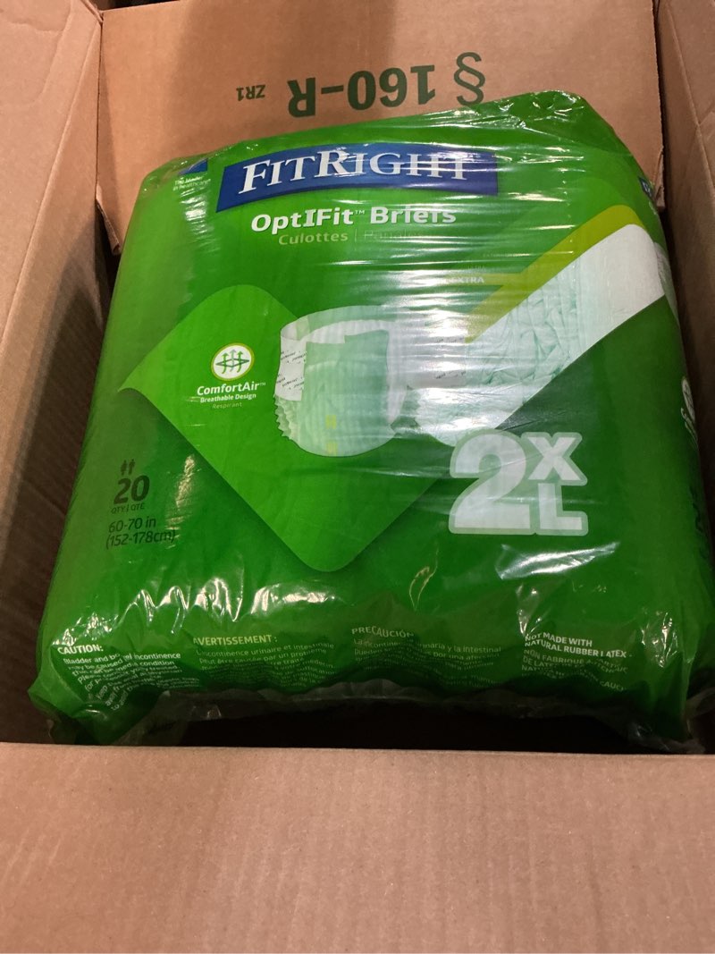 Condition photo showing New/Like New for fitright adult incontinence briefs with tabs, moderate absorbency, 2xl, 60" to 70", 20 count 20 count xx-large