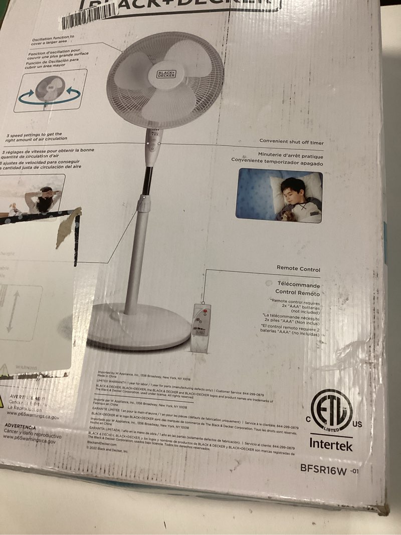 Condition photo showing New/Like New for black+decker 16" stand fan with pedestal base, height adjustable pedestal fan with remote and touch control panel, free standing fan with 90-degree oscillating and 3-speed settings, white
