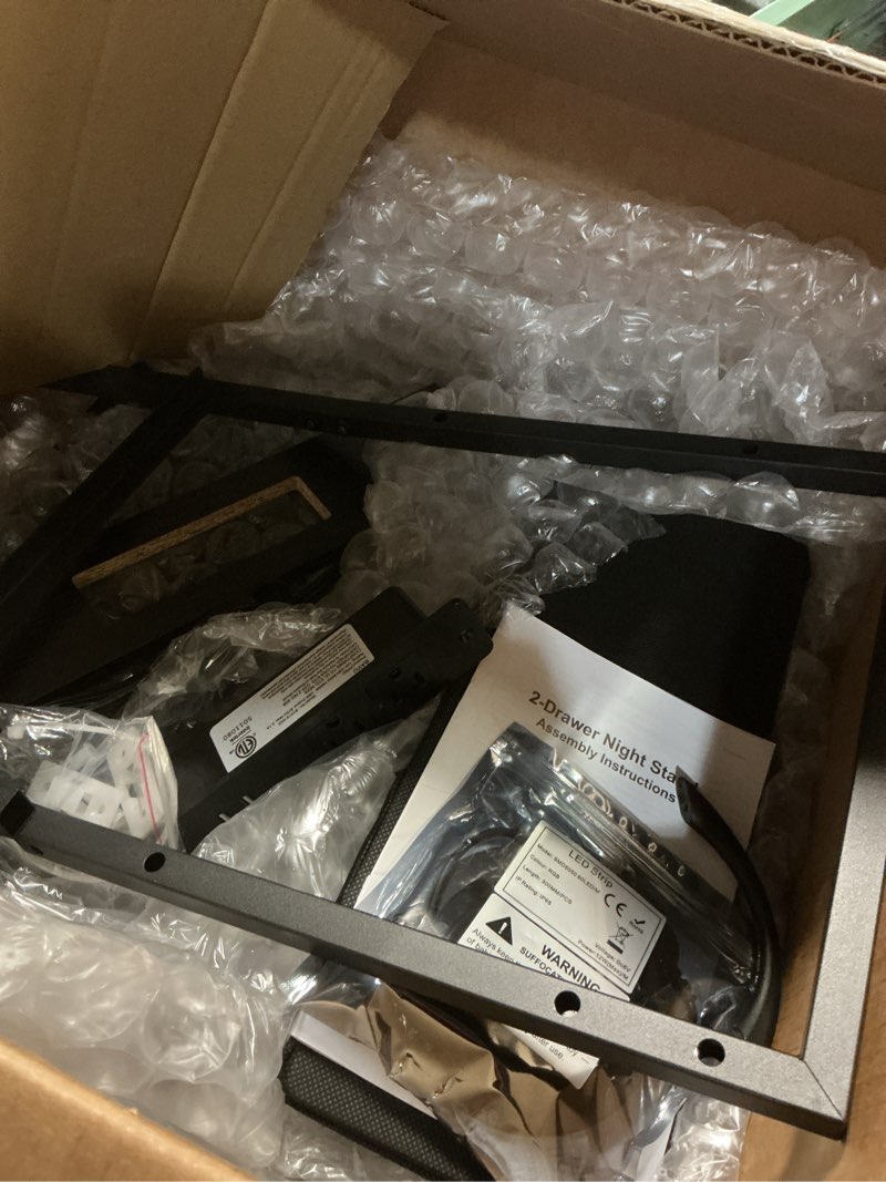 Condition photo showing As Is for Night Stand Bedside Charger Bedroom - Nightstand with Charging Station & LED Light Strip, Night Stand with Storage Shelf & 2 Fabric Drawers, Morden End Table with U-S-B Ports & AC Outlets Black 2 Drawers