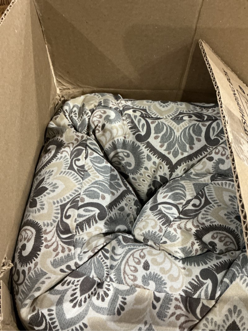 Condition photo showing As Is for arden selections outdoor plush modern tufted bench cushion, 48 x 18, water repellent, fade resistant, tufted bench cushion for bench and swing 48 x 18, alana tile alana tile 48 x 18 modern tufted bench
