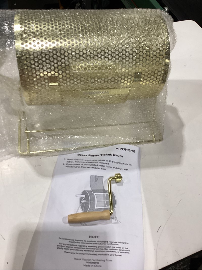 Condition photo showing New/Like New for vivohome 11 inch x 8 inch brass plated raffle drum lottery spinning drawing with wooden turning handle holds 2500 tickets small 11 inch x 8 inch