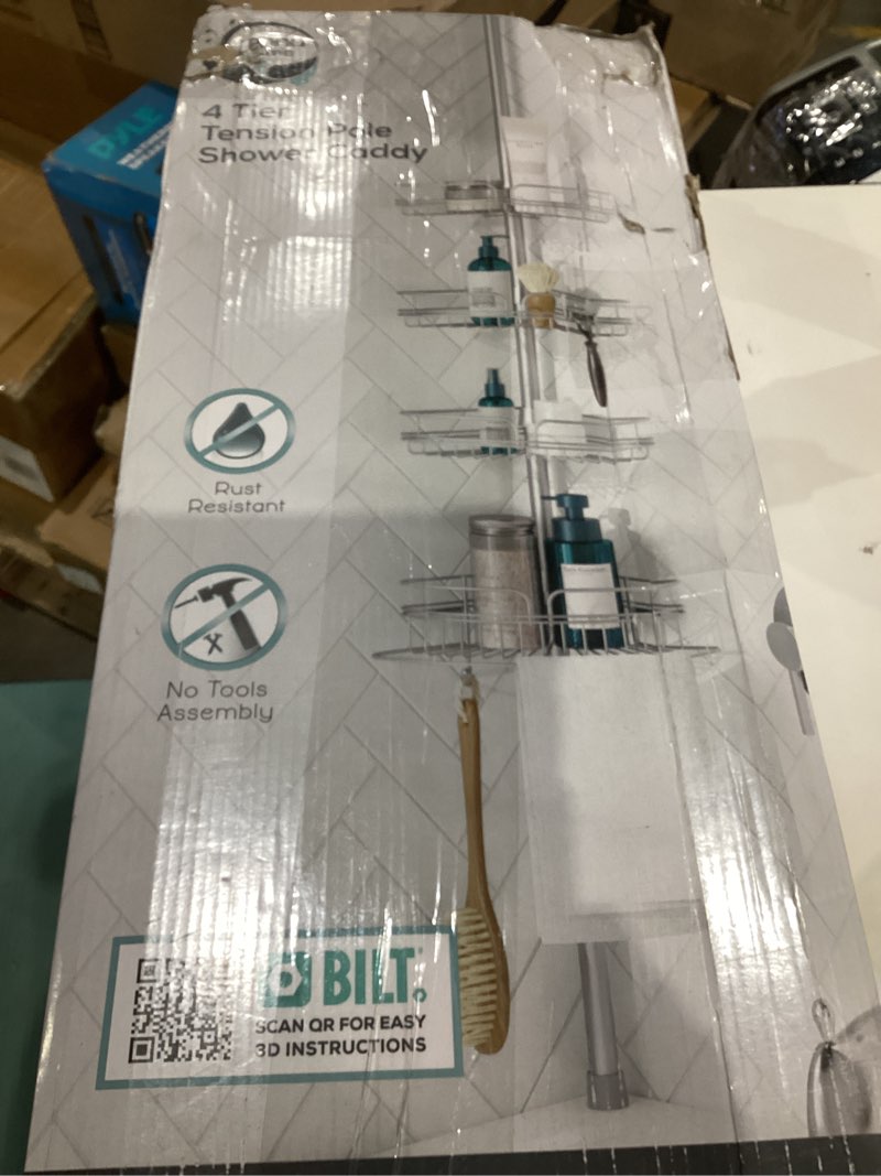 Condition photo showing New/Like New for Zenna Home Tension Pole Shower Caddy Corner Organizer, Adjustable Standing Shower Caddy with 4 Baskets and Built in Towel Bar, Rust Resistant Bathroom Tension Rod Organizer, 60 to 97 Inch, Chrome