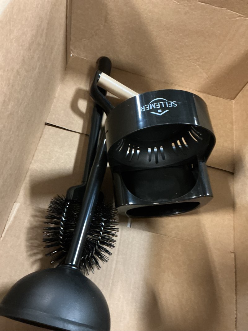 Condition photo showing As Is for sellemer toilet brush and plunger set, curved design head for deep cleaning, heavy duty toilet bowl brush and plunger combo with holder for bathroom cleaning, black, 1 pack