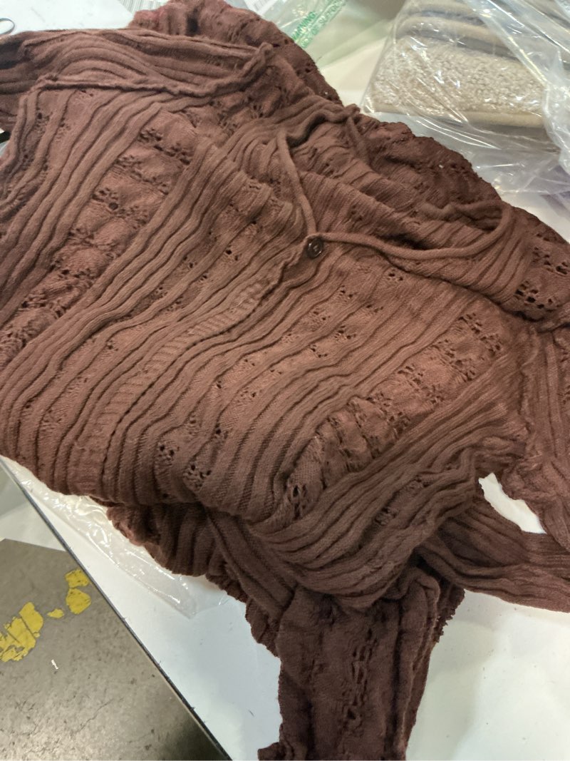 Condition photo showing Good Condition for cardigan sweaters for women trendy lightweight crochet long duster button up bell long sleeve ruffle knit maxi dress brown large