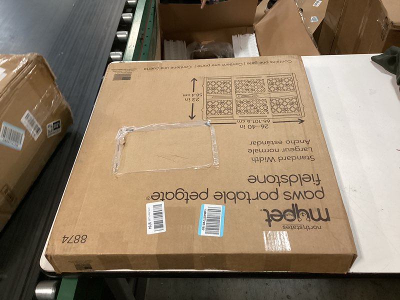 Condition photo showing New/Like New for mypet north states paws portable pet gate: 26-40" wide. pressure mount. no tools needed. made in usa, 23" tall, expandable, durable dog gates for doorways, fieldstone gray