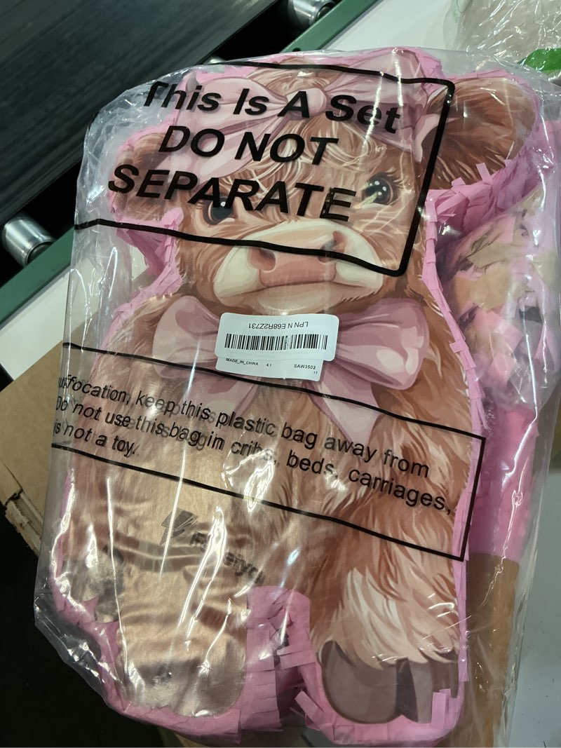 Condition photo showing Good Condition for feifeiya pink highland cow piñata with a blindfold, bat and confetti | birthday party supplies, highland cow birthday decorations