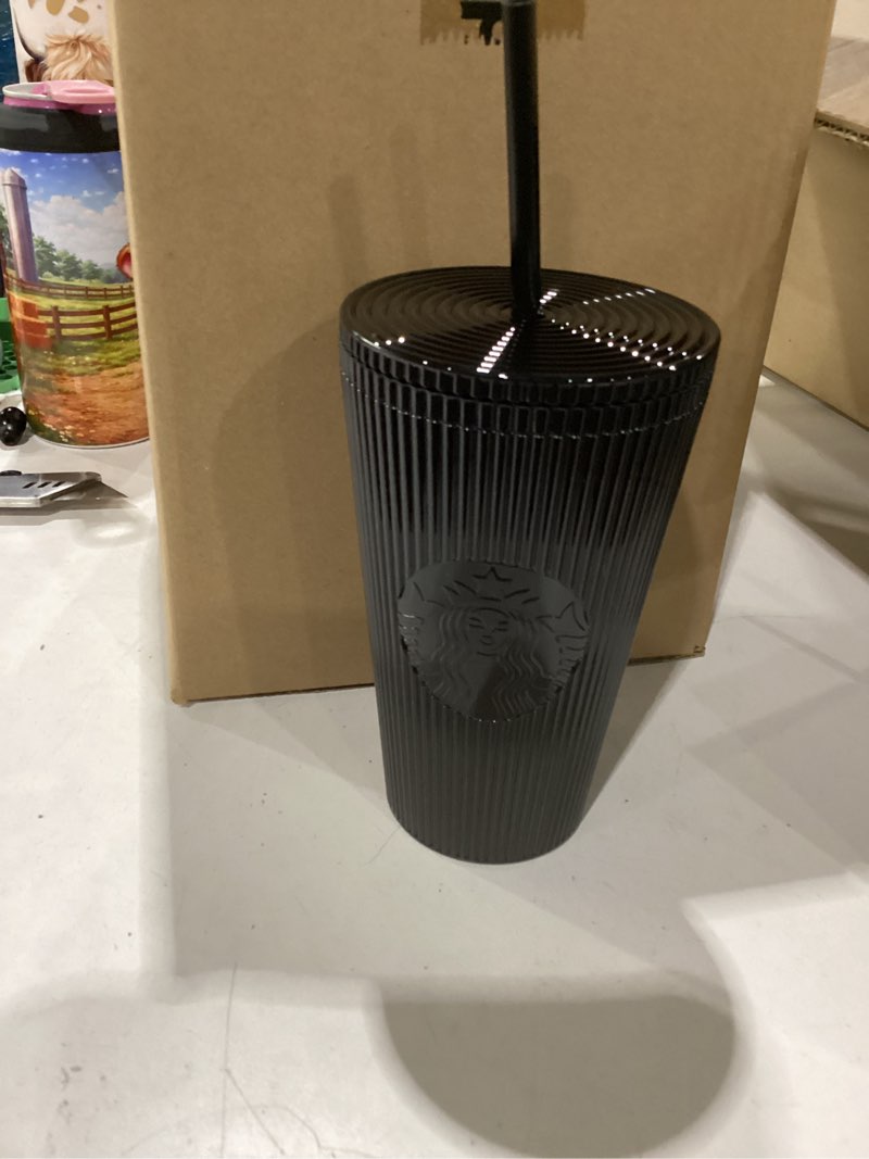 Condition photo showing New/Like New for starbucks shiny black pleated cup winter 2024 16oz cold cup( pack of 4)
