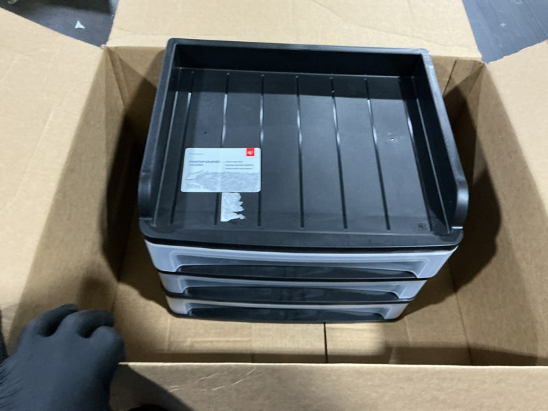 Condition photo showing Good Condition for iris usa plastic desk top 3-drawer storage organizer with paper tray top, 1-pack, for makeup vanity nail polish bathroom stationery art craft supplies kitchen office garage organization, medium, black medium with tray top - 1 pack black