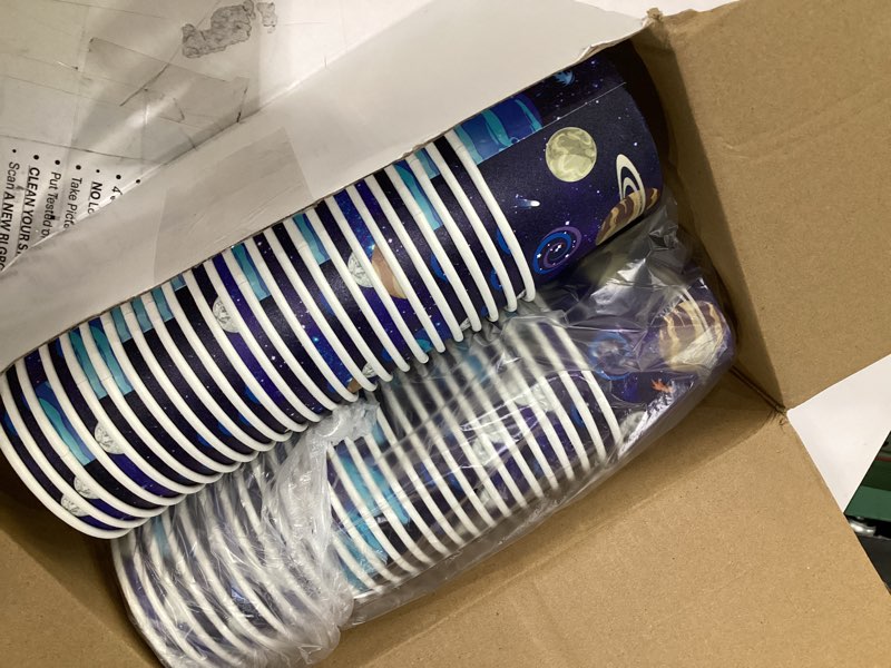 Condition photo showing Good Condition for nuanchu 100 pcs space party supplies galaxy ice cream cups building block snack cups birthday party supplies outer space disposable dessert bowls for solar system, 9 oz(space)
