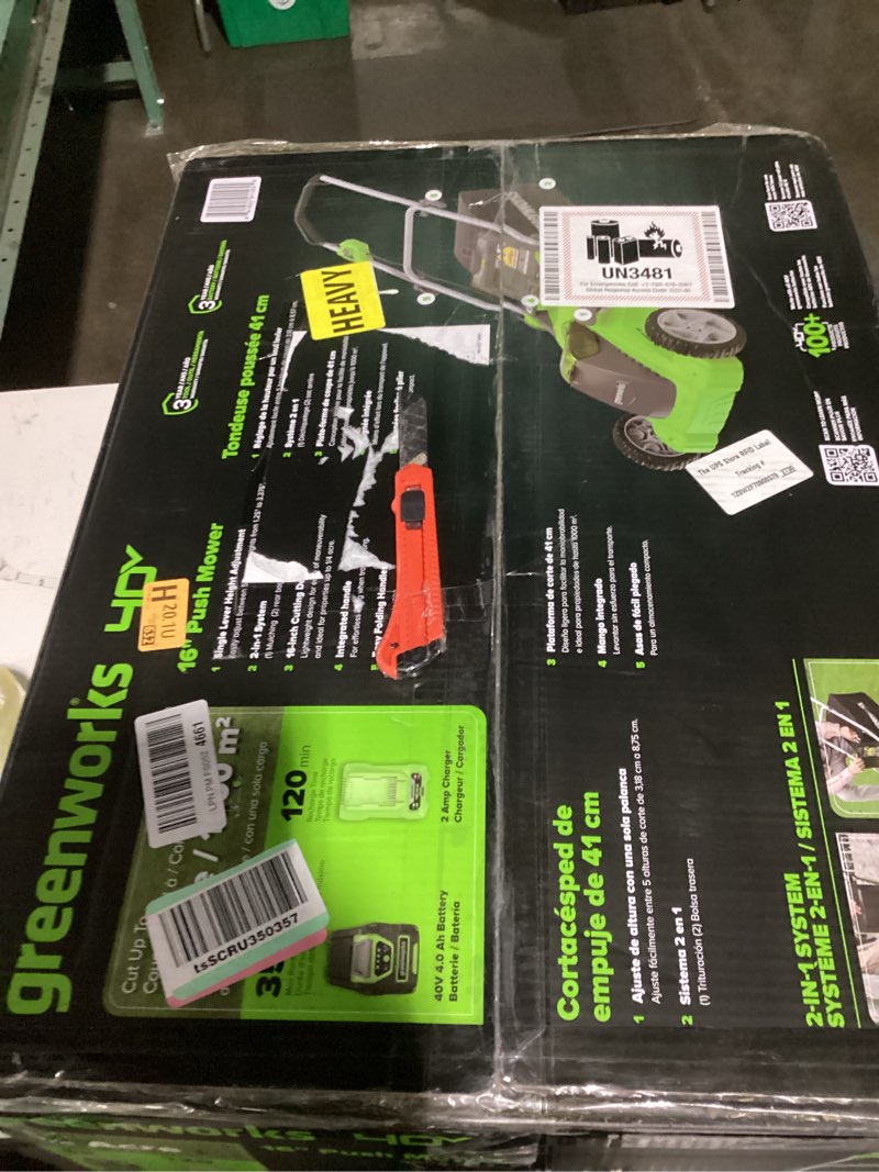 Condition photo showing As Is for greenworks 40v 16" cordless lawn mower, ultra-light push mower with 4.0ah battery & charger(75+ tool compatibility, 45min runtime) 16" (4.0ah)