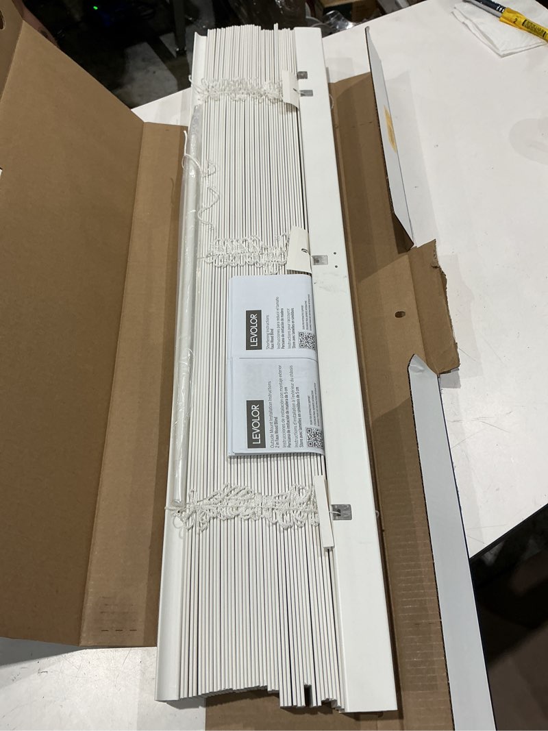 Condition photo showing New/Like New for levolor trim+go 2-in slat width 35-in x 72-in cordless white faux wood room darkening horizontal blinds