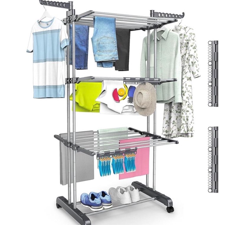 4 tier clothes drying rack oversized, foldable& adjustable height rolling clothes rack stainless steel with 4 castor, 24 drying poles,14 hook& 2 sock clippers, drying rack clothing for indoor& outdoor