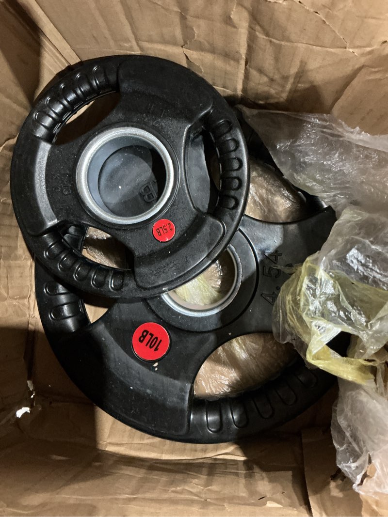 Condition photo showing As Is for gikpal olympic weight plates, 2-inch three-grip rubber coated barbell plates with steel hub, cast iron weights for strength training & home gym, pair or sets (2.5 and 10 lb)