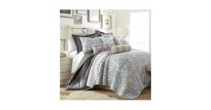 Levtex Home - Rome Quilt Set - queen Quilt (106x92in.) + Two queen Pillow Shams. - Paisley - Beige, Blue, and White - Reversible - Cotton Fabric