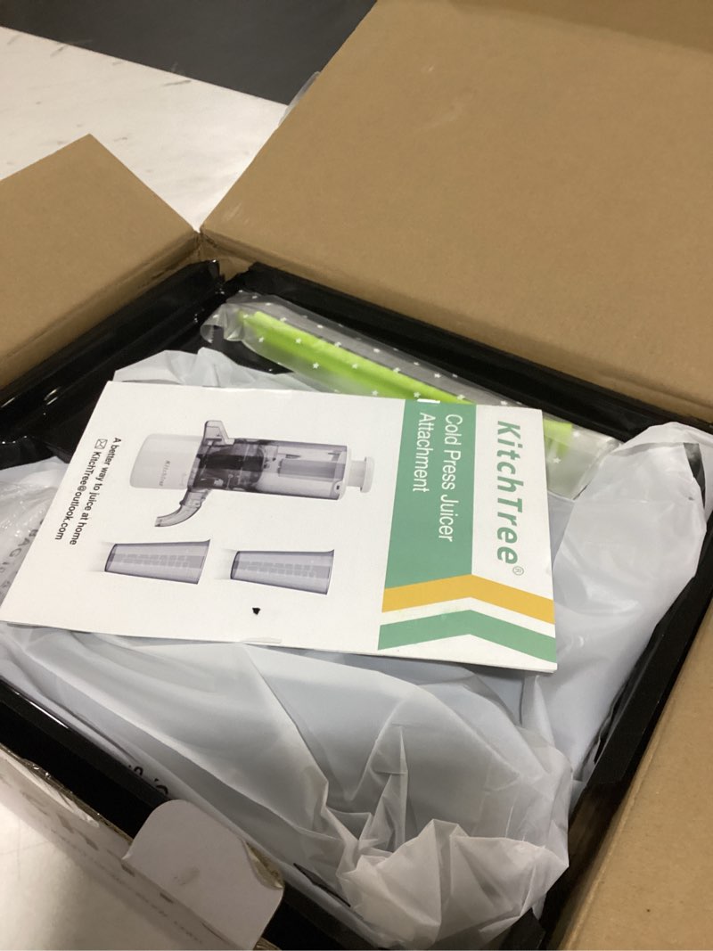 Condition photo showing New/Like New for kitchtree masticating juicer attachment for kitchenaid stand mixer, 4.2" large feed chute fit whole vegetables & fruits, slow cold press juicing, includes 2 * 28oz capacity cups white+grey