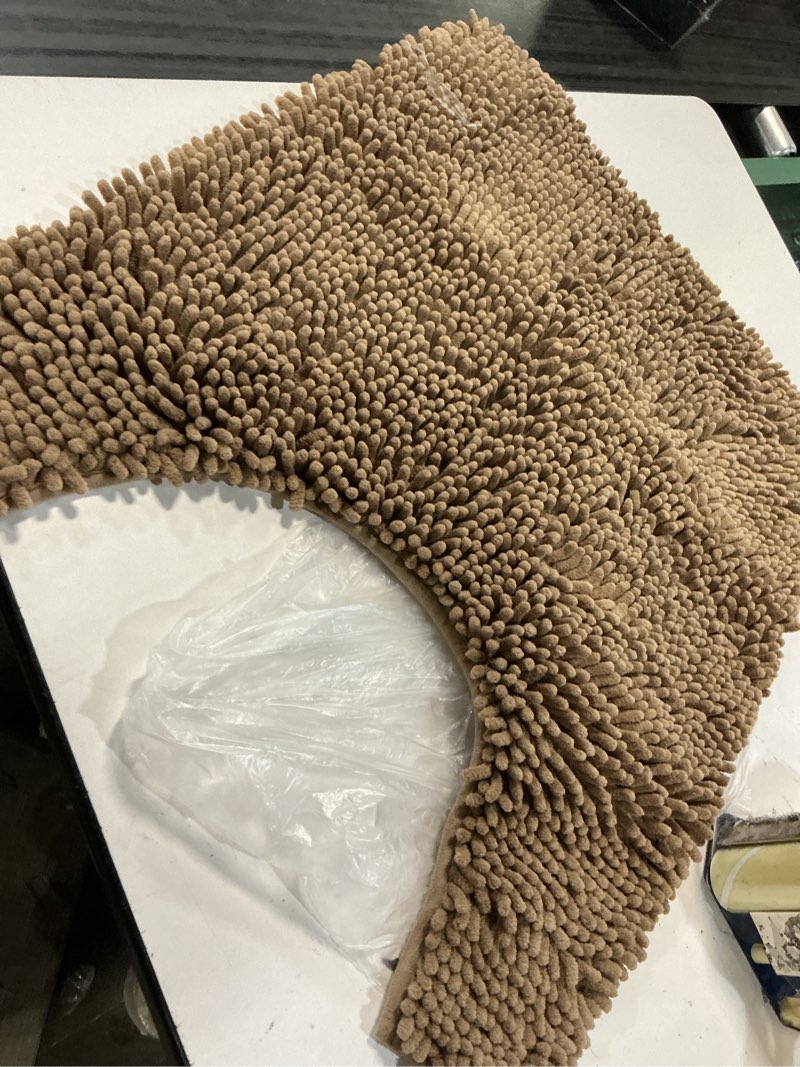 Condition photo showing As Is for smiry luxury chenille toilet rugs u-shaped 24x20, soft absorbent non-slip contour bathroom rugs for toilet, machine washable contoured bath mats, camel 24\" x 20\" contour rug camel ( incomplete
